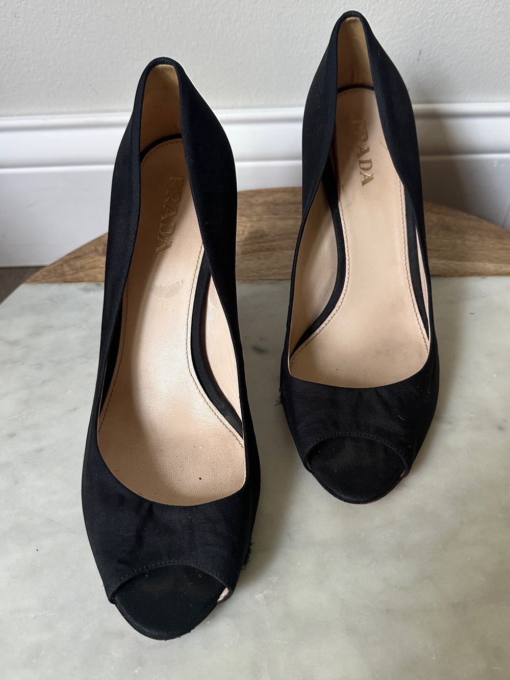 PRADA Peep toe Satin pumps heels Black sz 38